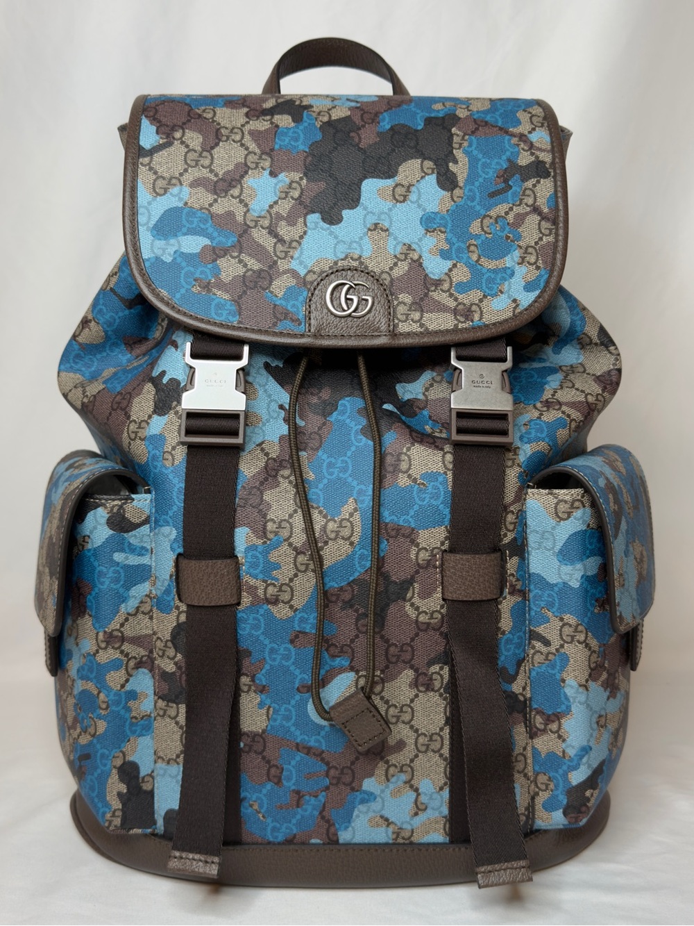 Gucci GG Supreme Blue Brown Camo Large Backpack NWT 839110